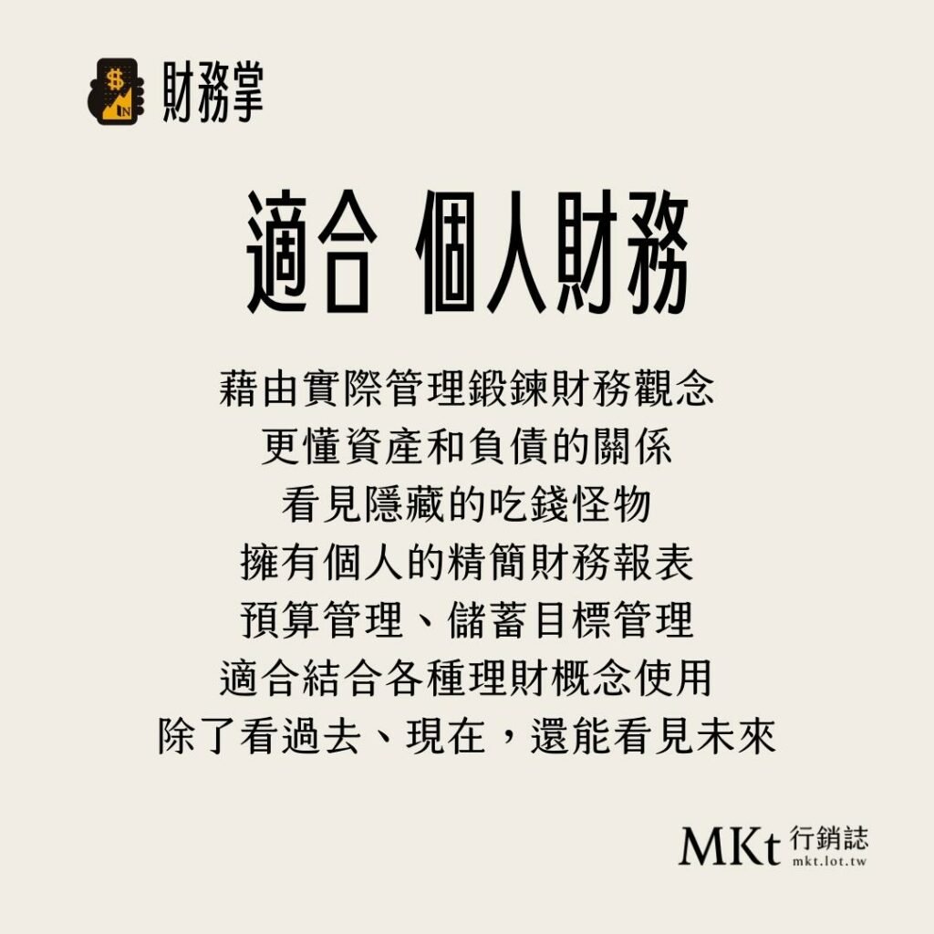 ・藉由實際管理鍛鍊財務觀念・更懂資產和負債的關係・看見隱藏的吃錢怪物・擁有個人的精簡財務報表・預算管理、儲蓄目標管理・適合結合各種理財概念使用・除了看過去、現在，還能看見未來